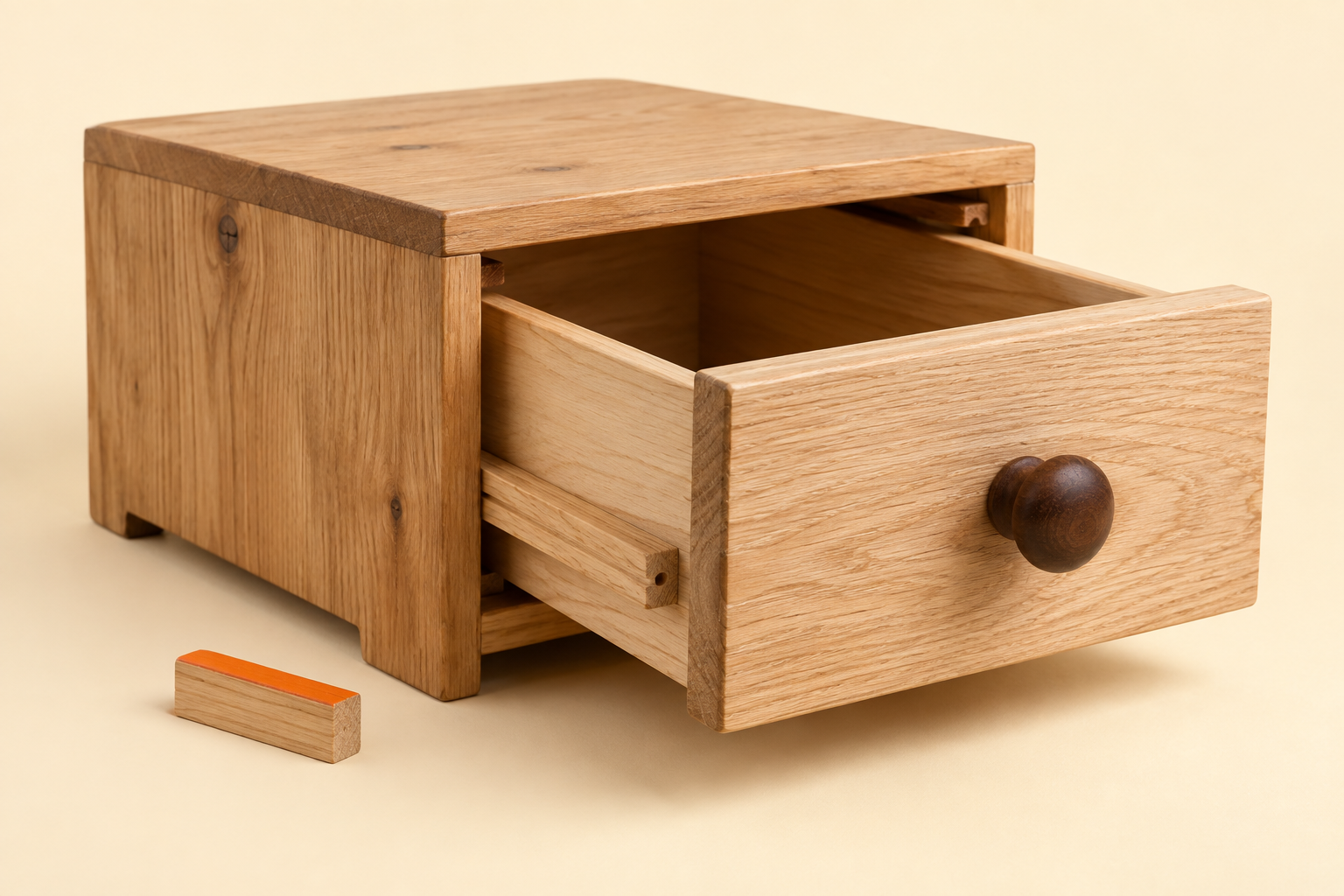 A simple wooden drawer with an exposed runner and a small spacer